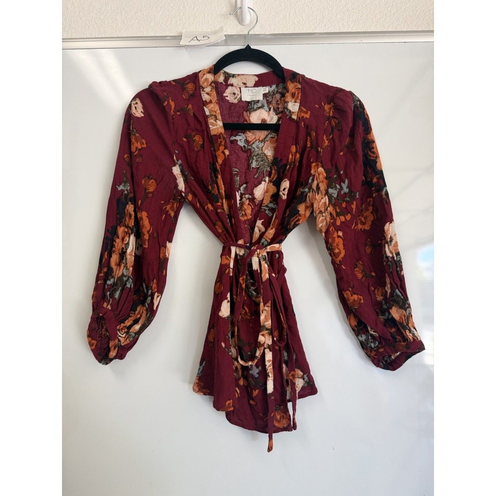 Anthropologie HDParis maroon orange floral flower tie front wrap blouse Sz 6